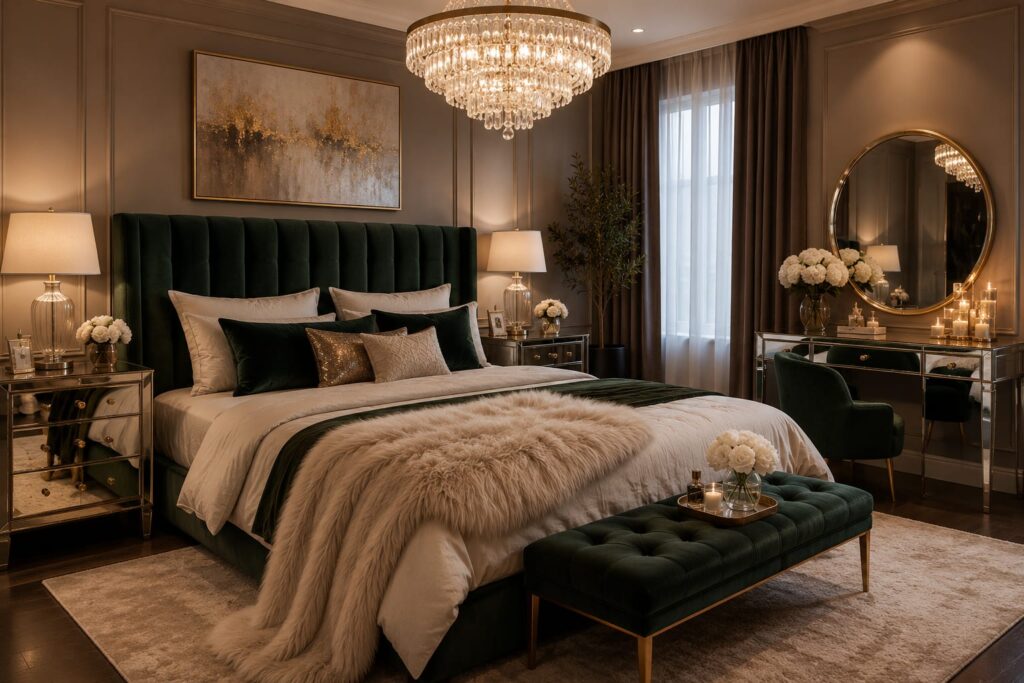 Glamorous bedroom for a woman with a dark green velvet headboard, crystal chandelier, mirrored nightstands, faux fur throw, candles, and elegant luxury decor.
