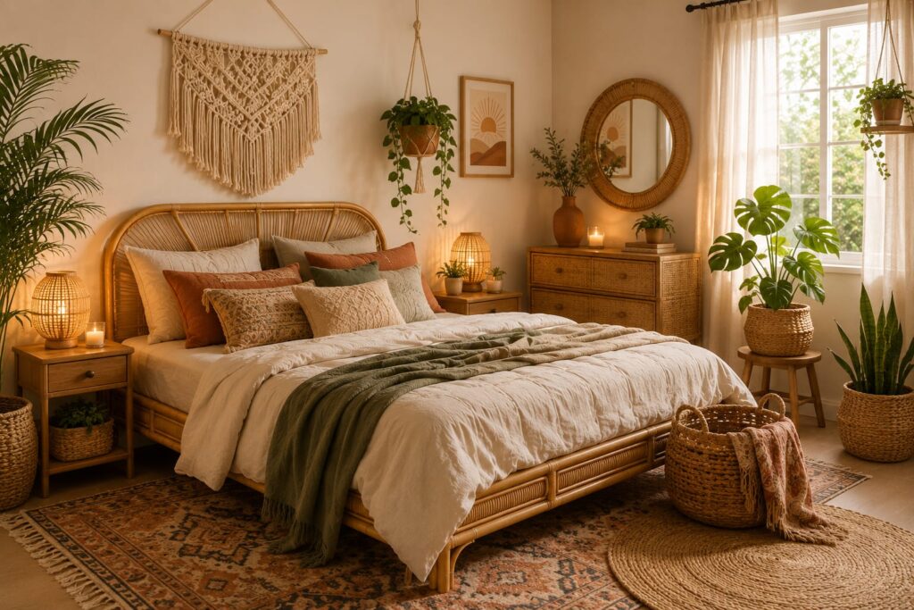 Boho bedroom for a woman with rattan furniture, macramé wall decor, hanging plants, woven baskets, warm lighting, layered rugs, and cozy earthy bedding.