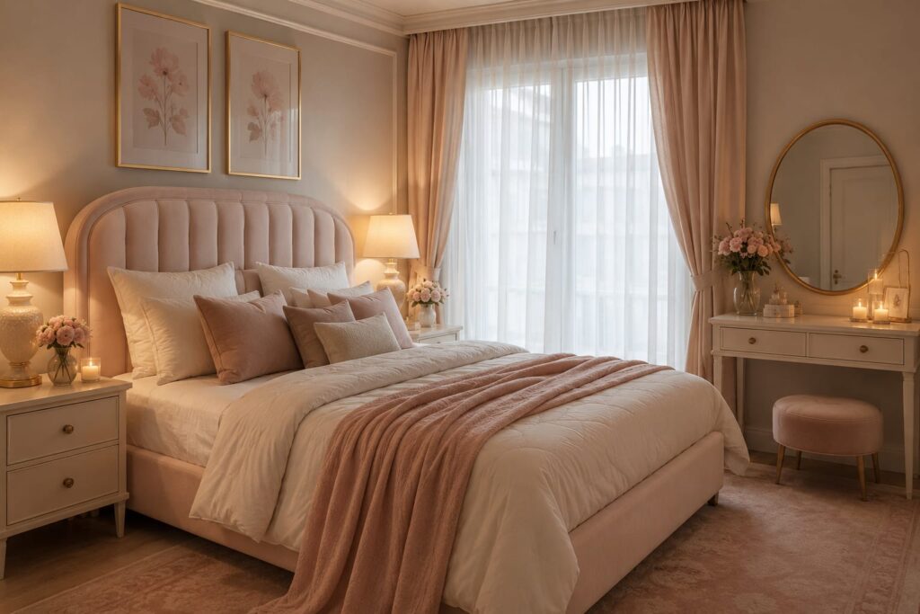 Romantic bedroom retreat with blush bedding, soft curtains, warm lamps, floral wall art, vanity mirror, candles, and elegant feminine decor.