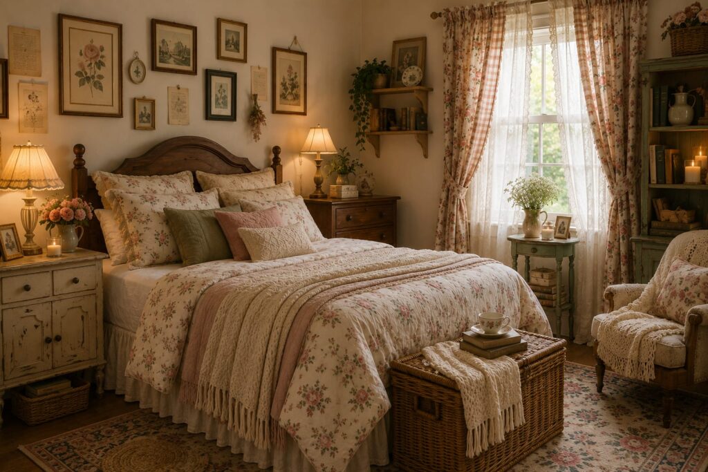 Cozy cottage bedroom for a woman with floral bedding, vintage wood furniture, patterned curtains, framed wall art, warm lamps, wicker storage, and soft cottage-style decor.