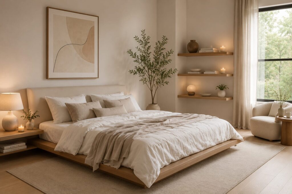 Minimalist modern bedroom for a woman with neutral bedding, wooden platform bed, floating shelves, soft lighting, indoor plant, and clean natural decor.