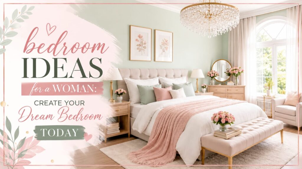 Bedroom ideas for a woman featuring a soft pink and sage green bedroom with elegant bedding, chandelier, floral decor, and feminine design details.