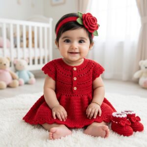 Red Rose Handmade Crochet Baby Frock Set with Headband & Booties