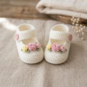 Crochet Mary Jane Booties with Rose Detail for Baby Girls