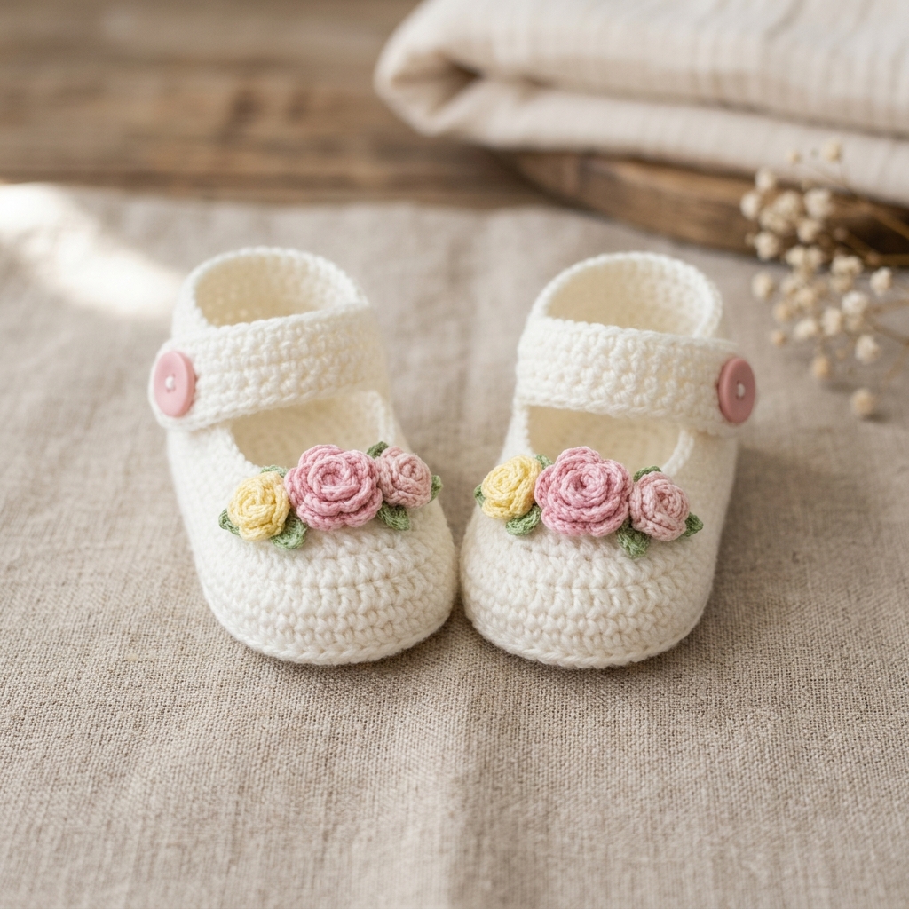 Crochet Mary Jane Booties with Rose Detail for Baby Girls