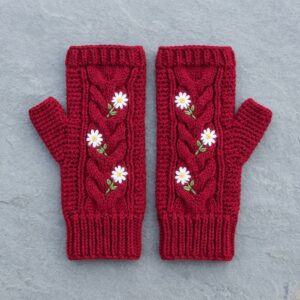 Maroon Cable Knit Fingerless Gloves with Hand-Embroidered Daisies