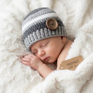 Handmade Crochet Newborn Hat & Booties Set with Wooden Buttons