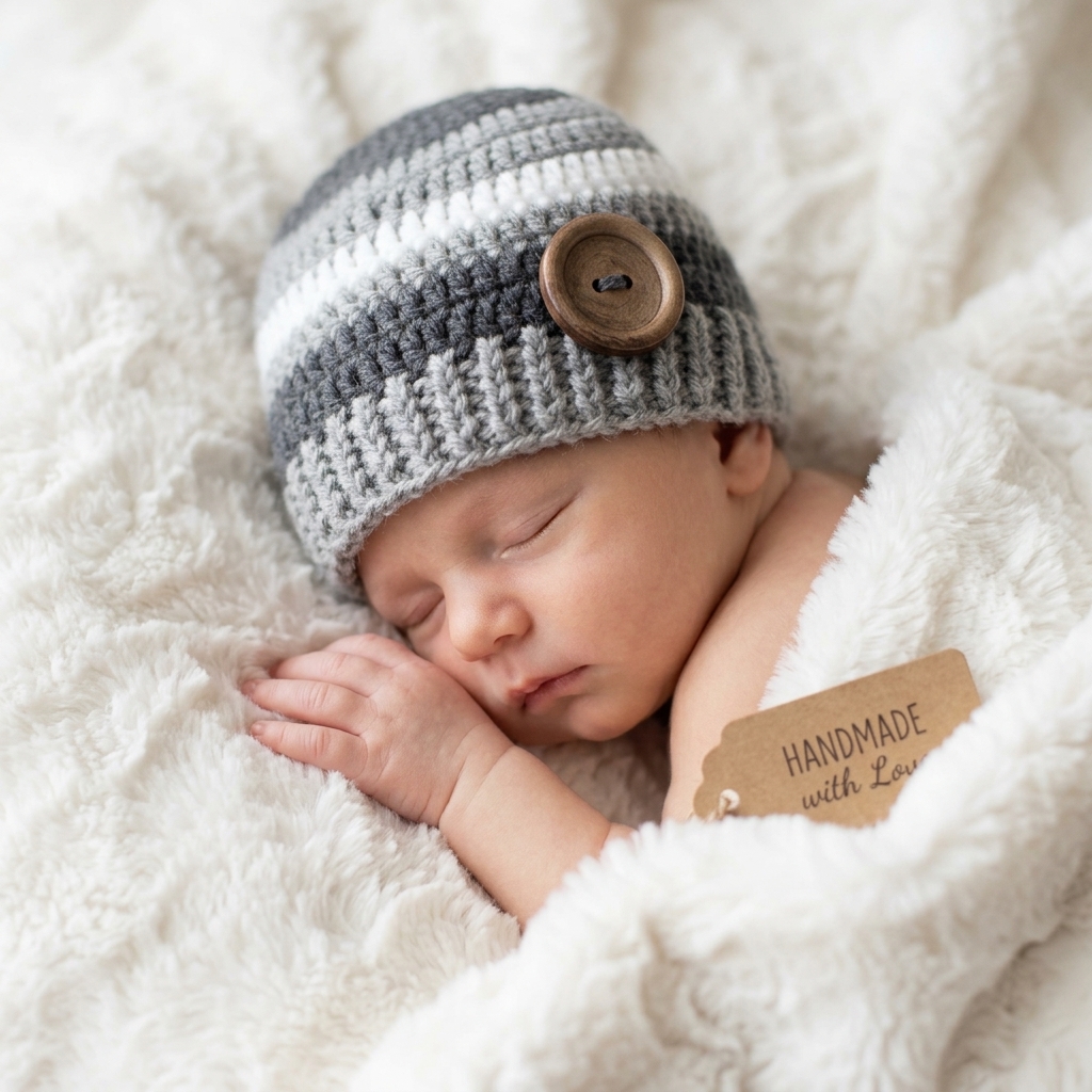Handmade Crochet Newborn Hat & Booties Set with Wooden Buttons